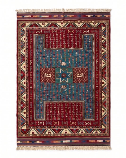 The Azure & Crimson Tribal- Handmade Rug